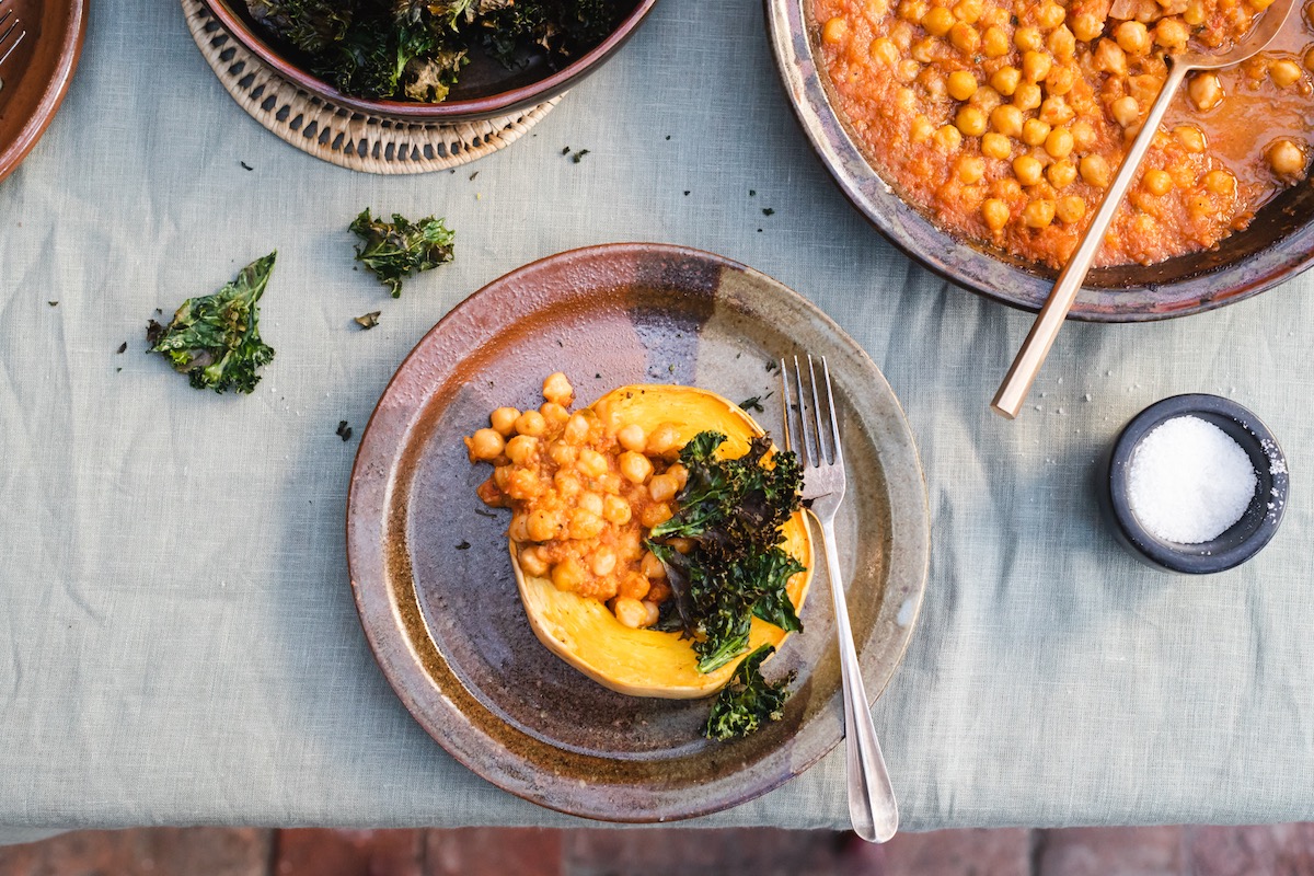 Roasted Spaghetti Squash With Cumin Chickpeas And Crispy Kale Homegrown Kitchen